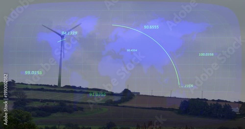 Wind turbine responding to sensor feed, blades rotating with AR map expanding showing power flow