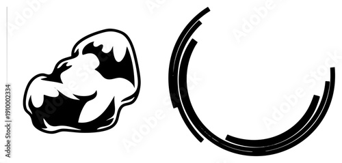 Stylized black and white blob shape with flowing contours, paired with segmented curved arc, minimalist vector design, graphic elements for UI or branding.