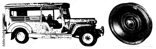 Classic vehicle silhouette with distressed texture, paired with concentric circular speaker graphic, vector art, isolated elements, retro automotive, equipment.