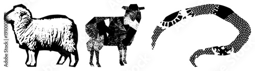 Black and white vector illustrations of farm animals and a serpent using halftone, graphic design, flat silhouette style, isolated cutout elements.