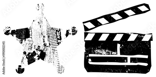 Black and white halftone film clapperboard and star drone silhouette, cinematic production symbols, movie set, film industry tools, stylized vector graphics.