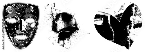 Stylized warrior mask with halftone texture, military helmet with splatter effects, abstract helmet silhouette all vector for design, gaming, or UI.