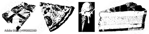 Vector illustrations of chocolate bar, pizza slice, ice cream cone, and layered cake, all in black and white halftone, isolated food graphics for design use.