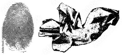 Detailed fingerprint swirls and textured crumpled paper, forensic evidence, document analysis, biometric scan, tactile surface, paper artifact, graphic design element.