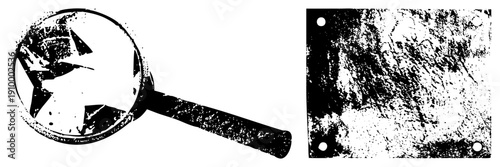 Antique magnifying glass featuring star design, textured metal plate, historical optics tool, scientific instrument, black and white vector graphic.