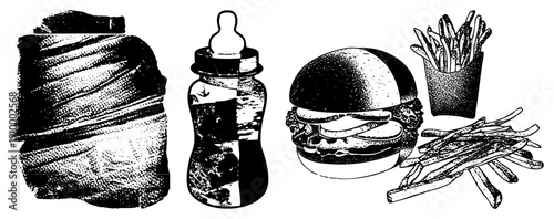 Vintage style halftone illustrations of baby bottle, burger, and fries, classic fast food symbols, vector art, nostalgic diner, food.