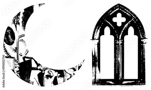 Black and white vector illustration of Gothic stained glass window with, paired with abstract religious elements, halftone texture, spiritual symbolism, isolated graphic design.
