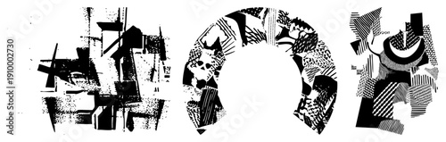 Fragmented abstract forms composed of bold shapes and halftone textures, graphic design elements, modern art composition, vector illustration, aesthetic.