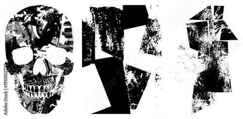 Black and white vector illustration featuring stylized skull, angular shapes, distressed textures, graphic design elements, bold silhouettes, and fragmented composition.
