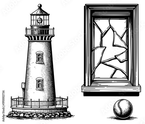 Nautical beacon tower, broken pane window, baseball ball, engraved vector illustration, maritime landmark, sports, sketch.