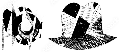 Black and white graphic art featuring fragmented forms, halftone dots,, and geometric, stylized vector composition.