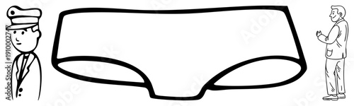 Black and white drawing of briefs with uniformed men on sides, humorous scale contrast, flat vector art, isolated underwear graphic.