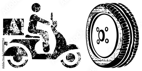 Silhouette of scooter rider with box cargo, distressed texture, isolated tire, urban transport, vector glyph, street delivery motif.