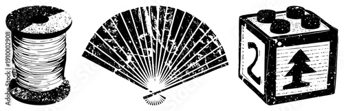 Classic spool of thread, ornate folding fan, wooden toy block with number two and tree symbol, retro graphic design, illustration.