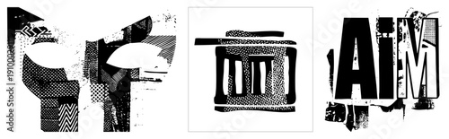 Bold graphic letters with fragmented textures, halftone fills, and segments, stylized typography, modern stencil effect, vector art.