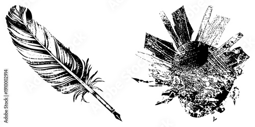Classic writing instrument with feather quill, ink splatter graphic, calligraphy tool, historical document, illustration.