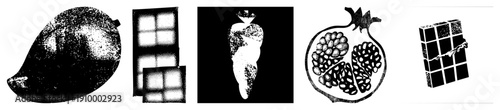 Black and white halftone style graphic of mango, window, pear, pomegranate, chocolate bar stylized food and object, isolated vector art.
