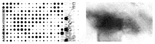 Black halftone dots forming structured grid fading into abstract noise, vector graphic, print design element, typographic texture, digital art.