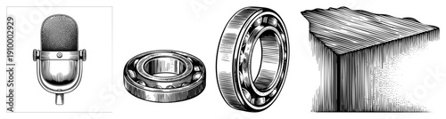 Classic studio mic with mesh grille, precision ball bearings in section, angular block with hatching, technical vector illustration, isolated mechanical components.