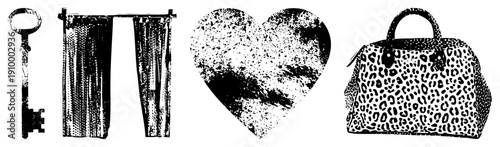 Four vector antique key, draped curtains, halftone heart, leopard print handbag. Isolated graphic elements for design projects. Flat style, high contrast, stylized silhouettes.