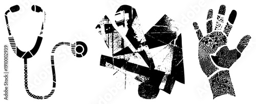 Stylized stethoscope, clenched fist, fragmented hand bold black and white vector with halftone & geometric textures. Medical, protest, symbolic.