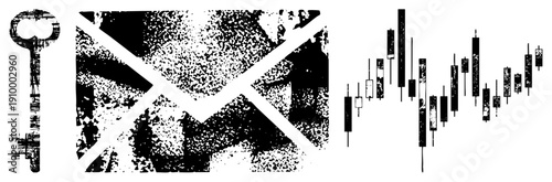 Grunge halftone vector antique key, sealed envelope, candlestick chart. graphic design elements for finance, communication, security. Isolated, cutout, rgba.