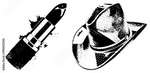 Graphic design featuring a stylized lipstick with splatter and a textured cowboy hat, both rendered in halftone dot, ideal for fashion or western themed branding.