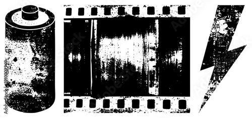 Retro style battery, film reel, lightning bolt, distressed black and white, gritty texture, graphic design elements, vector symbols.