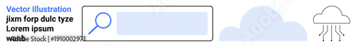 Search technology, weather analysis, cloud computing, information retrieval, data storage, forecasting. Magnifying glass searching a bar, cloud and rain icon. Search technology and weather analysis