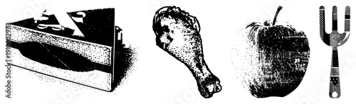 Black and white halftone illustrations of food items chicken drumstick,, and fork, stylized with dot matrix texture, isolated vector graphics.