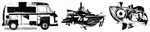 Graphic of van, yacht, and headlight with distressed texture, vector art, black and white, isolated design elements, automotive and travel motifs.