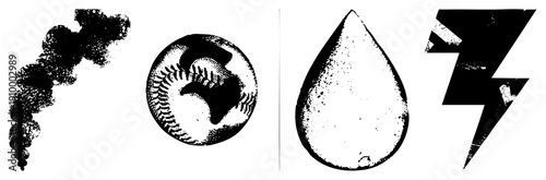 Classic baseball with, stylized smoke plume, teardrop shape, jagged lightning bolt all in halftone dot, vector graphic, isolated elements.