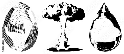 Black & white vector halftone atomic symbol, nuclear blast, water drop. Dot & textures. Perfect for retro, sci fi, or environmental themes.