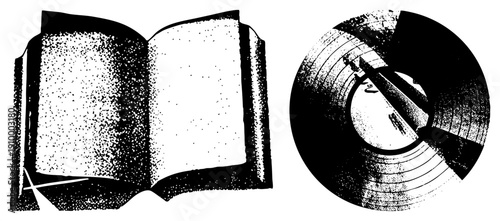 Vintage style open book and vinyl record rendered in halftone dots, classic graphic design, retro, educational and music symbols.