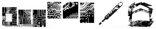Black and white vector mimicking electronic circuitry, PCB layouts, and digital component shapes, ideal for tech design or glitch art.