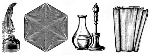 Feather quill pen with inkwell, geometric star polyhedron, glass flask with pepper mill, stack of books all rendered in detailed art, ideal for academic or retro design projects.