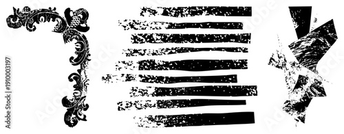 Decorative black scrollwork corner, distressed stripes, fragmented geometric shapes, vintage graphic elements, vector art assets.