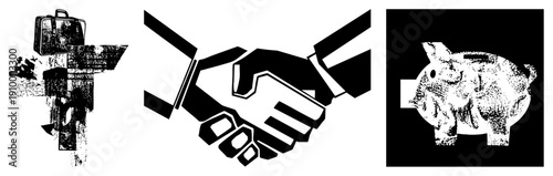 Business collaboration symbols handshake, briefcase, piggy bank. Corporate finance, partnership, savings, deal making, startup, investment, budgeting.