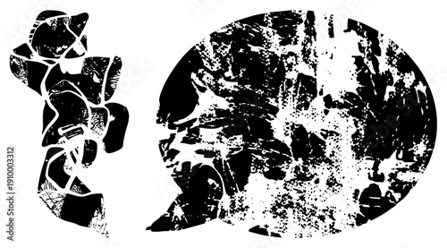 Two stylized broken silhouette forms, one vertical, one circular, with distressed texture, graphic art, vector illustration, design, abstract composition.