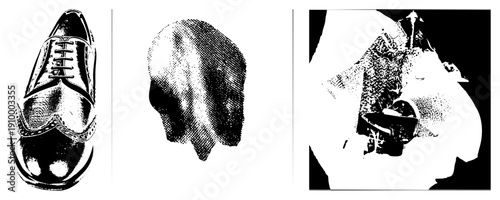 Classic men’s dress shoe featuring perforations, leather texture, and lacing system, isolated vector graphic with halftone shading.