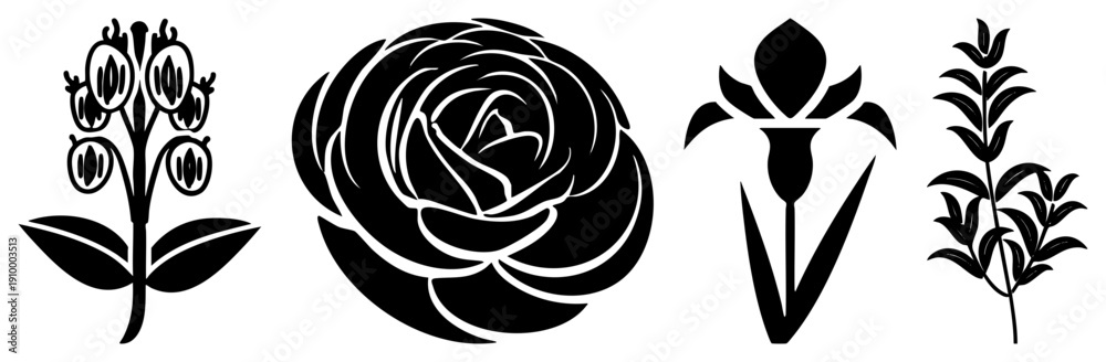 Obraz premium Black silhouette designs including rose, lily, bellflower, and lavender sprig, vector art, minimalist botanical, graphic design elements, motifs.