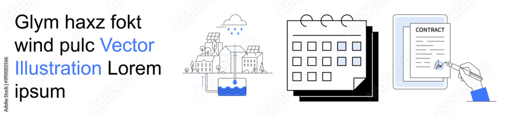 Obraz premium Legal agreements, property protection, project management, rainwater conservation, planning, digital operations. Calendar, contract signing and building under rainfall. Legal agreements and property
