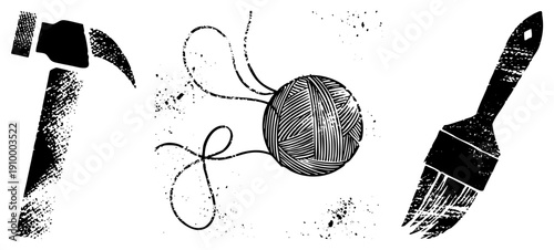 Artistic black and white vector of hammer, yarn skein, and paintbrush with halftone texture, ideal for creative projects, DIY, and design workflows.