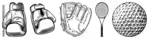 Classic athletic equipment collection, boxing gloves, baseball catcher’s mitt, tennis racket, golf ball, retro sports gear, vintage illustration.