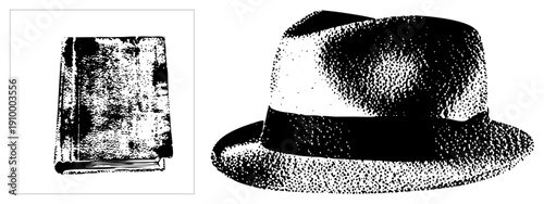 Classic fedora hat with band, aged book cover, retro graphic style, halftone texture, vintage fashion accessory, literary item.