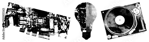 Vintage inspired tech symbols rendered in halftone, circuit board, lightbulb, turntable, digital nostalgia, vector art, graphic.