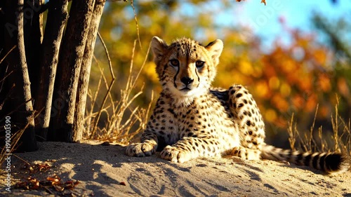 Adorable cheetah cub resting peacefully in the golden hour light, sitting on sand next to a tree trunk. Great for wildlife documentaries or nature conservation projects.