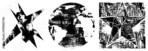 Distressed starburst, cracked globe, layered star all in gritty halftone style. Vector symbols with weathered texture, ideal for retro or dystopian design.