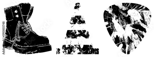 Vector of combat boot, traffic cone, and guitar pick rendered in distressed halftone style. Urban grit aesthetic,, isolated elements for design use.