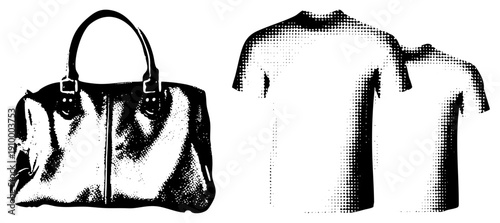 Black and white halftone graphic of leather handbag and t shirt, vector art, fashion items, dotted shading, minimalist style, isolated foreground.